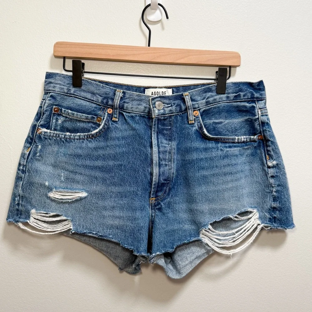 Agolde Parker denim shorts high rise distressed cutoff jean shorts western beach - Picture 2 of 12